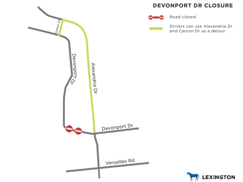 map showing Devonport Drive closed near Alexandria Drive at the end closest to Versailles Road