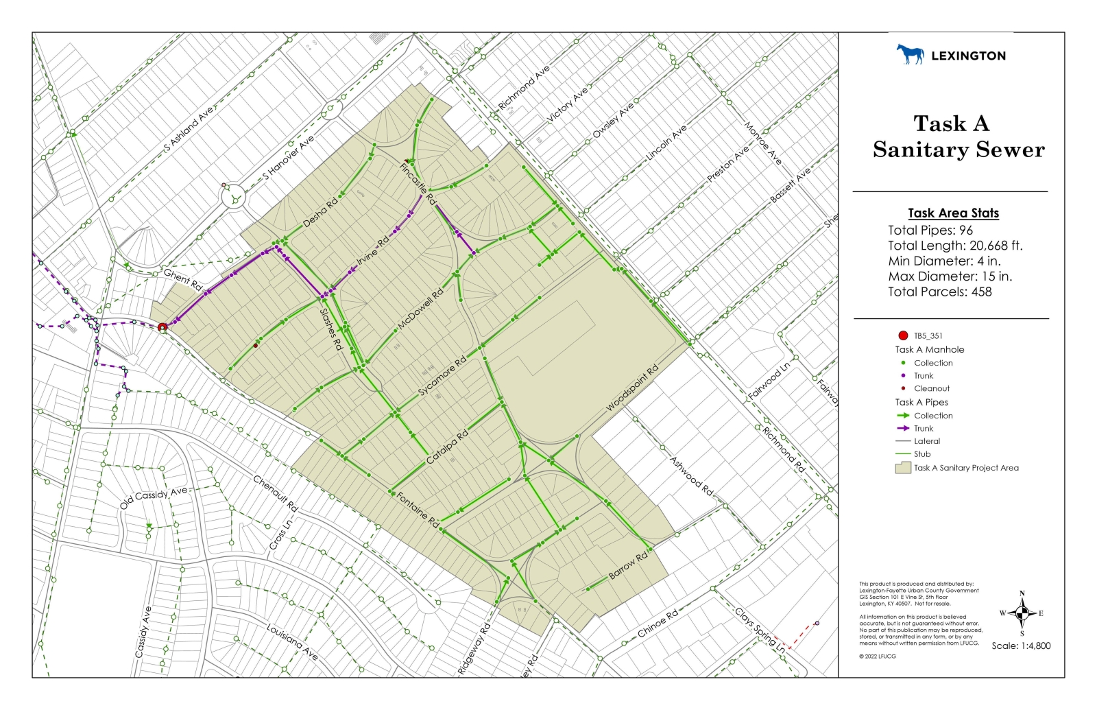 map of sanitary sewer testing boundaries that includes Desha, Irvine, Slashes, McDowell, Sycamore, Catalpa, Fontaine, Barrow and Woodspoint