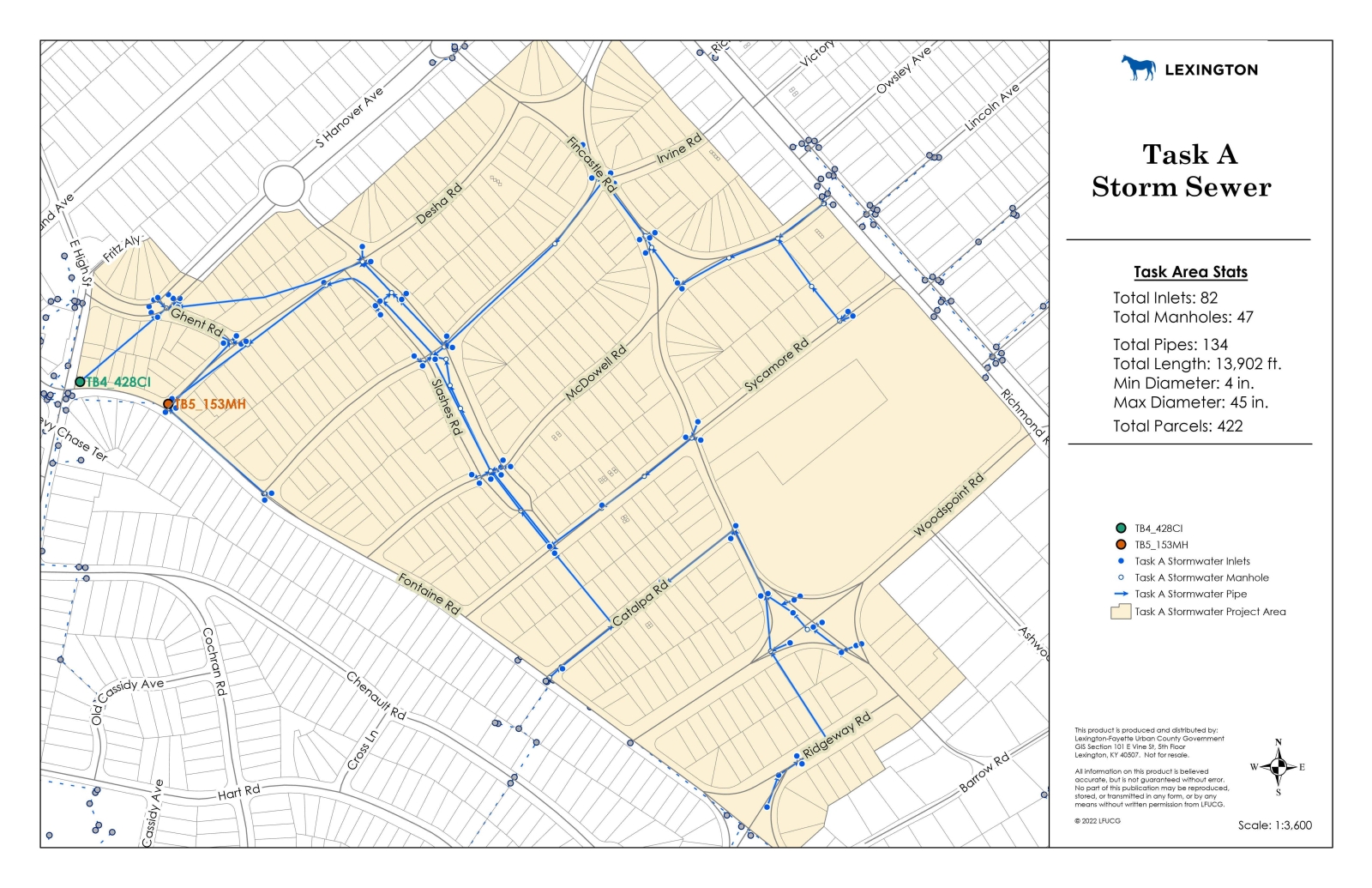 map of storm sewer testing boundaries that includes Desha, Fincastle, Irvine, Ghent, Slashes, McDowell, Sycamore, Fontaine, Catalpa, Woodspoint and Ridgeway