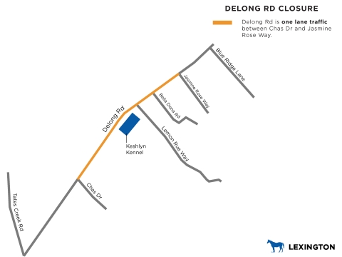 map showing delong road as one lane from Jasmine Rose to Chas